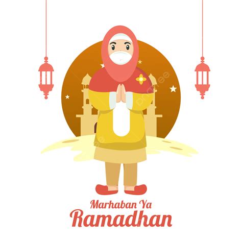 Greeting Card Marhaban Ya Ramadhan With Girl Muslim Hijab Cartoon