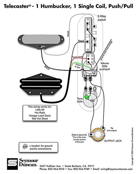 Typical standard fender telecaster guitar wiring. Tele Wiring Diagram - 1 Humbucker, 1 Single Coil with push ...