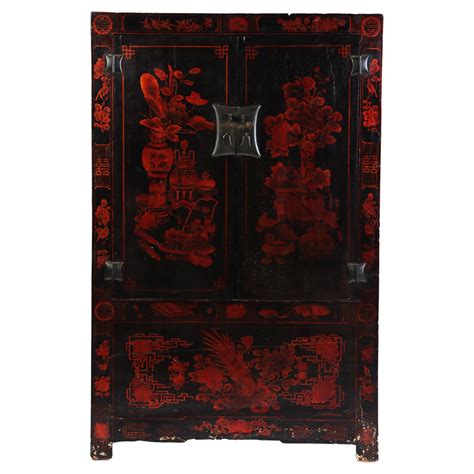 Vintage Oriental Hand Painted Black Lacquer Japanned Low Credenza