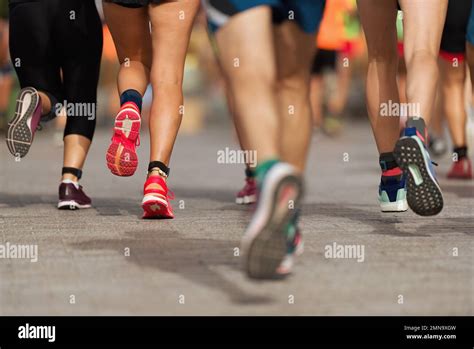 Marathon Running Race People Feet On City Road Stock Photo Alamy