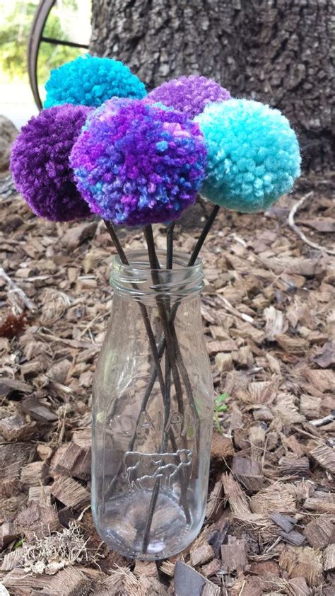 Knitted hat real fox fur pom poms winter wool women lace embroidery flower solid. Yarn Pom Pom Flower Bouquet with Milk Bottle | Pom pom ...