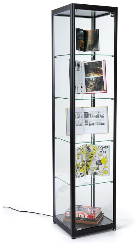 Glass Curio Cabinet Display Tower Black Aluminum Frame 15 5 W