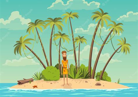 Premium Vector | Robinson crusoe island Man on desert island in ocean