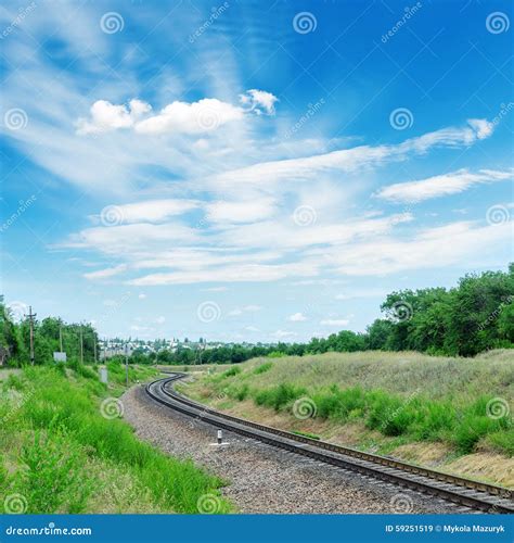 Railroad To Green Horizon And Clouds In Blue Sky Stock Image Image Of