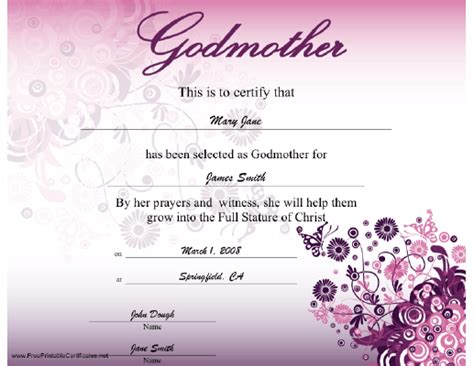 Godmother Certificate Printable Certificate