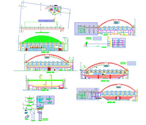 Stadium Building Detail Elevation And Section 2d View Layout Dwg File