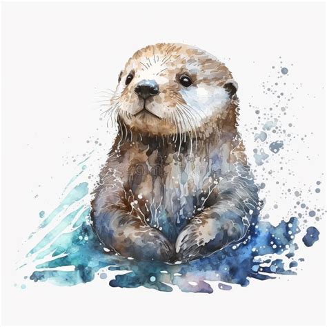 Sea Otter Swimming In The Water Watercolor Painting Stock Illustration