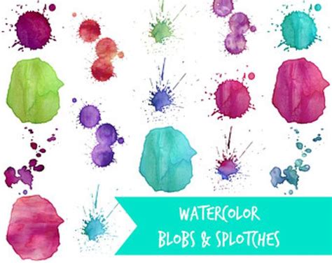 Digital Clip Art Watercolor Blobs And Splotches Rainbow Multi Color