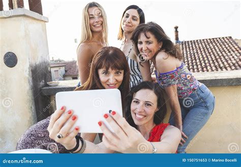 Group Of Female Friends Taking A Selfie With Smarthphone Stock Image Image Of Chimney