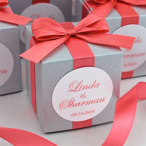 Coral And Silver Wedding Bonbonniere With Satin Ribbon Bow And Custom Tag