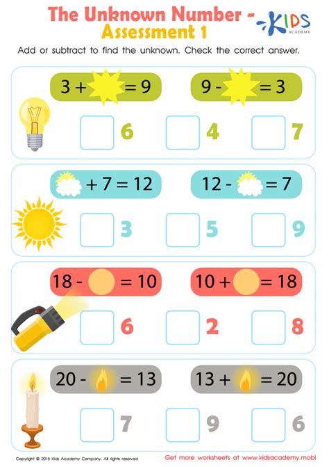 The Unknown Number Assessment 1 Worksheet For Kids