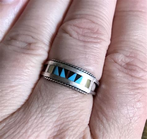 Vintage Zuni Turquoise Inlay Ring Sterling Silver Etsy Vintage Zuni