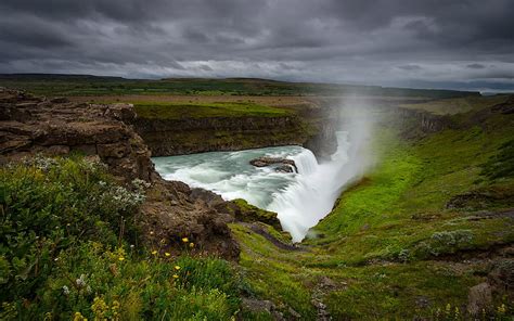 Waterfalls Gullfoss Cliff Grass Iceland Waterfall Hd Wallpaper