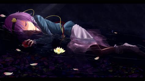 Download Anime Girl Sad Alone On Water With Flowers Wallpaper
