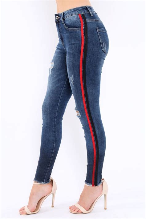 Distressed Denim Jeans With Side Stripes Abel Distressed Denim