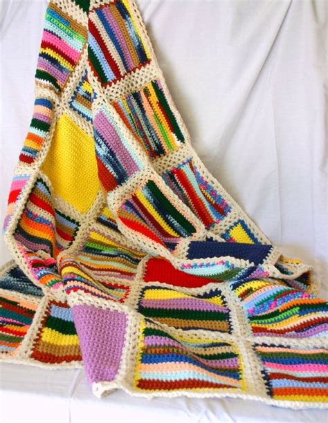 Scrap Yarn Crochet Afghan Blanket Aran Border Colorful Squares Etsy