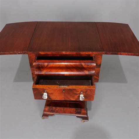 Antique American Empire Flame Mahogany Two Drawer Drop Leaf Sewing