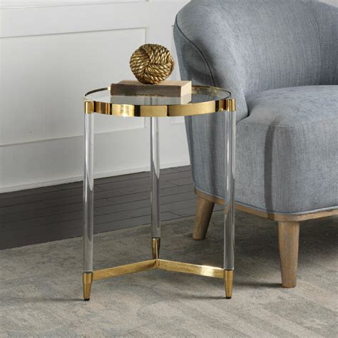 Modern Designer Gold 21 Accent End Table Glass Top Acrylic Legs Tables