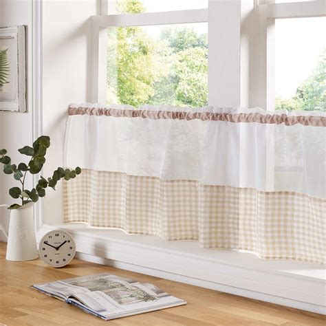 Gingham Trim Voile Café Curtain Panel Traditional Checked Design