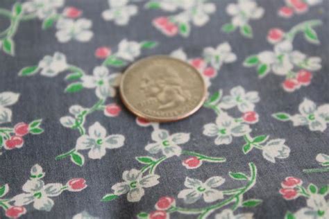 1950s Vintage 36 Wide Cotton Fabric Cherry Blossom Print On Charcoal Grey
