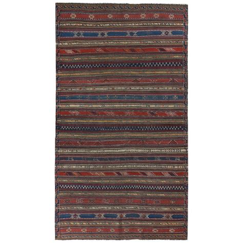 Turkish Kilim Rug With Navy And Red Stripes Decorated With Tribal