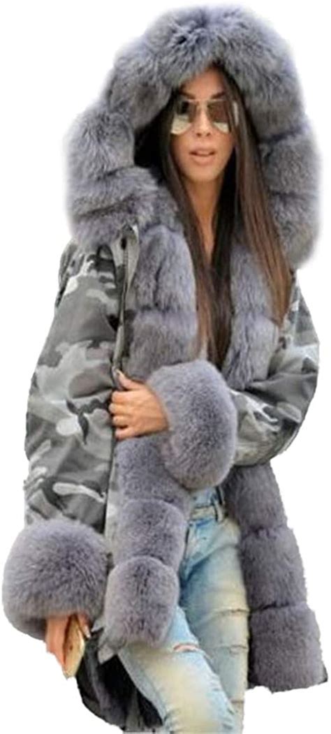 Lonmei Femme Manteau Hiver Longue Epais Chaud Fausse Fourrure Camouflage Parka Manteau