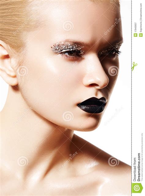 High Fashion Model Silver Make Up Black Lips Stock Image