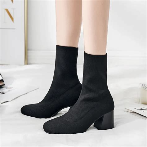 europe autumn sexy women black stretch fabric ankle boots round toe elastic thick high heeled