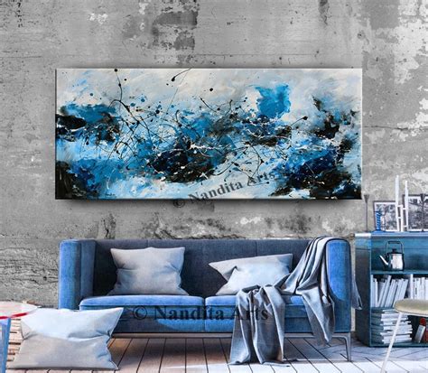 Blue Wall Art Abstract Painting Large Artwork Modern Fine Etsy