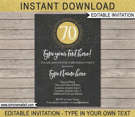 70th Birthday Invitation Template Chalkboard And Gold Glitter Etsy