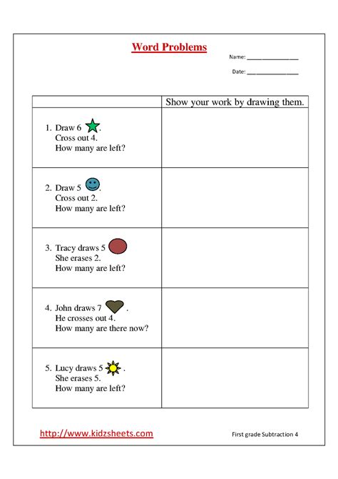 Below are six versions of our grade 1 math worksheet with word problems involving the addition and subtraction of 1 and 2 digit numbers. Kidz Worksheets: First Grade Word Problems4