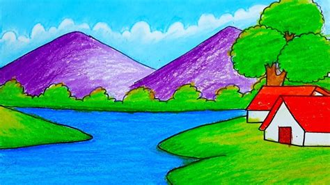 How To Draw A Beautiful Landscape Scenery Drawing And Mountain Riverside