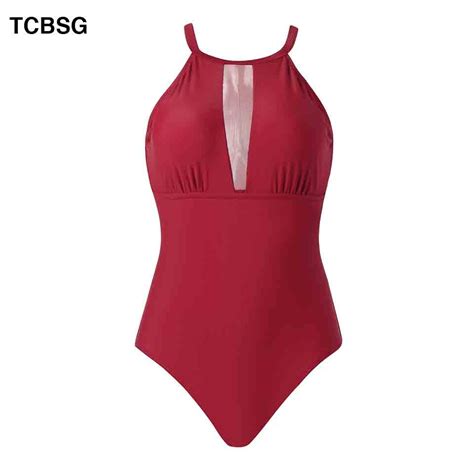Tcbsg 2019 Sexy Women Swimsuit Mesh Crocket One Piece Swimwear Solid Bathing Suit Push Up Halter