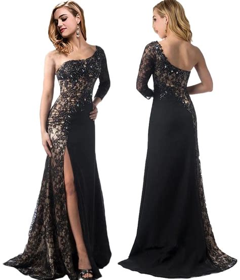 Luxury One Shoulder Black Beaded Lace Mermaid Evening Dresses Sexy