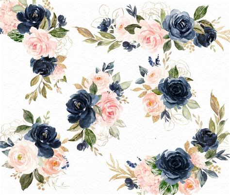 Watercolor Floral Clip Art Navy And Blushsmall Etsy Watercolor