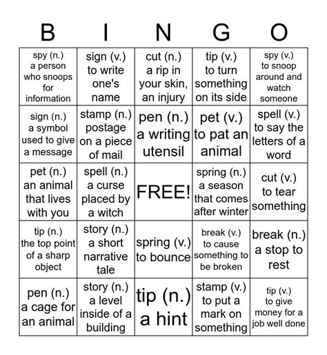 Multiple Meaning Words Bingo Bingo Card