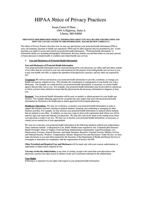 Hipaa Notice Of Privacy Practices Form Missouri Printable Pdf Download