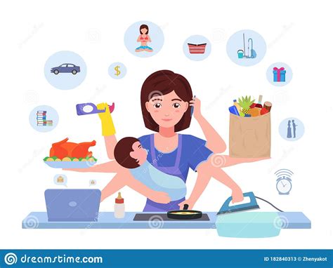 Cartoon Character Multitasking Busy Mom Stock Vector Illustration Of