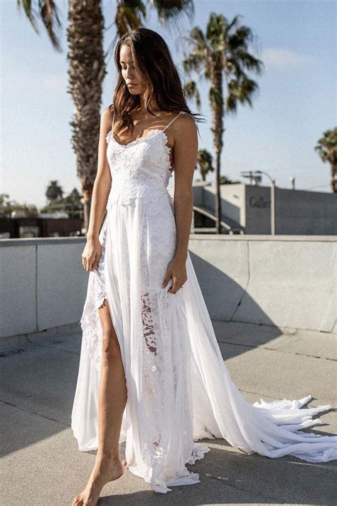 White Lace Chiffon A Line Spaghetti Strap Beach Wedding Dresses Promnova