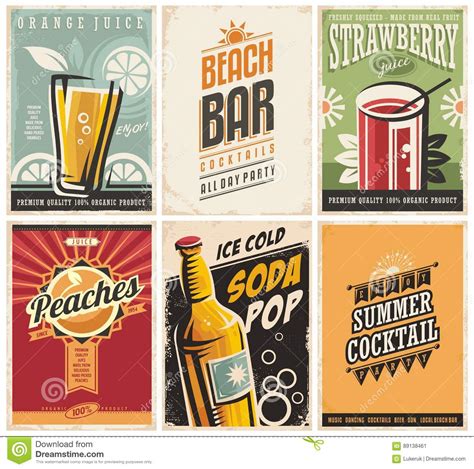 Collection Of Retro Posters With Organic Juices And Popular Drinks