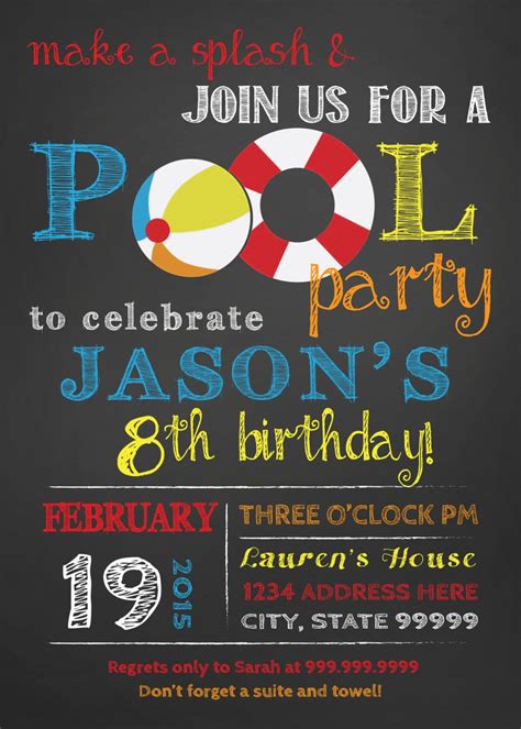 Birthday Pool Party Invitation Pool Party Bash Invite Chalkboard Summer