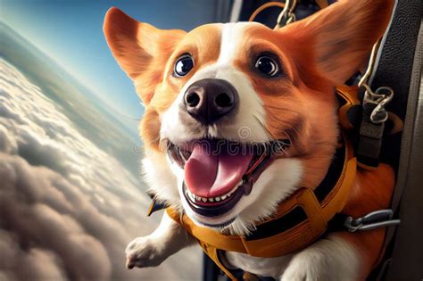 Funny Dog Jumping On Parachute Extreme Adventure And Skydiving Stock