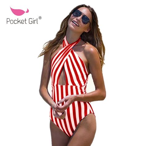 Pocket Girl 2019 Striped One Piece Swimsuit Women Swimwear Monokini Swimwear Sexy Swimsuit For