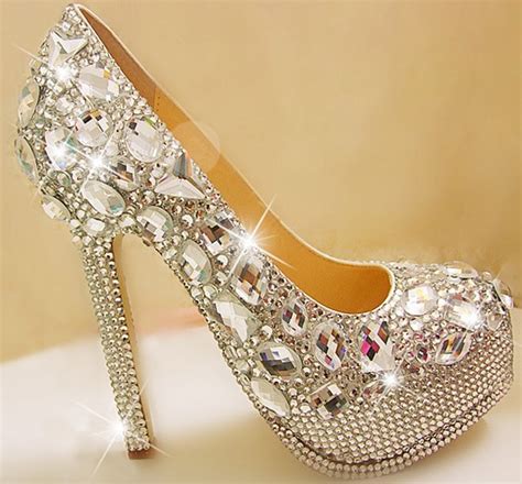 silver rhinestone high heels wedding shoes women new fashion crystal platforms glitter party