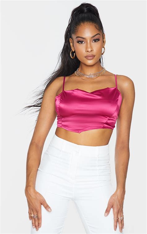 Hot Pink Satin Cowl Neck Crop Top Tops Prettylittlething