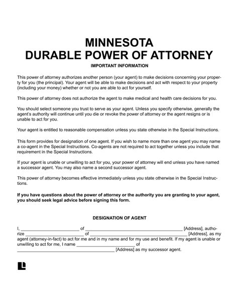 Free Minnesota Durable Statutory Power Of Attorney Form