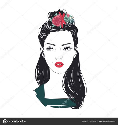 Portrait Of Young Beautiful Woman With Flowers In Long Hair Vector