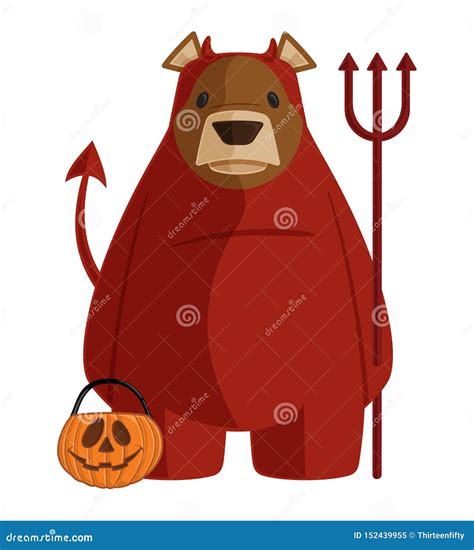 Vector Halloween Cartoon Bear Illustration In Red Devil Demon Costume