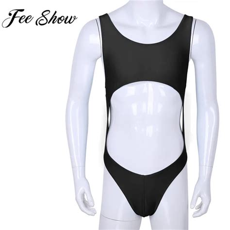 Feeshow Men Bodysuit Lingerie One Piece Sleeveless Stretch Leotard