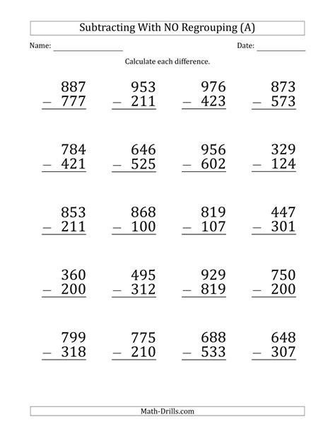 Some of the worksheets displayed are subtraction work subtracting 3 digit numbers with, subtracting 3 digit numbers with regrouping, subtracting 3 digit numbers with regrouping, subtraction, three digit. Large Print 3-Digit Minus 3-Digit Subtraction with NO ...